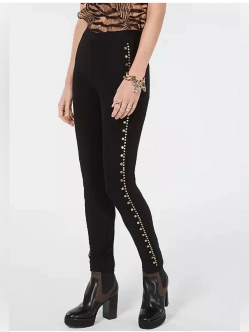 MICHAEL KORS Black Gold Studded Leggings XS Pull On Skinny Stretch Pants